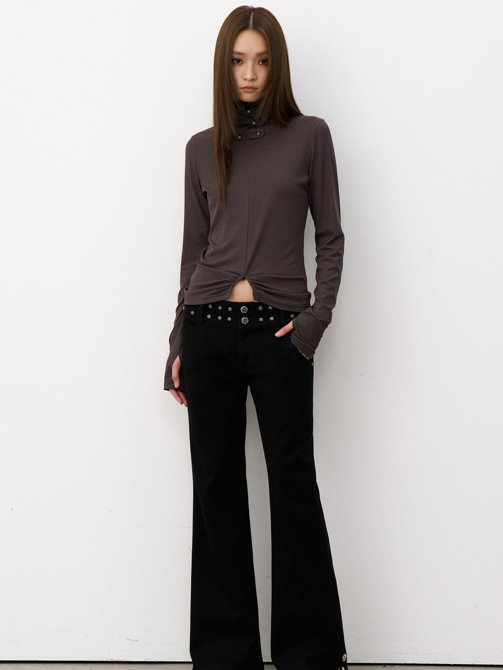 THELIGHT OFFICIAL Black Studded Low Waist Micro Flare Women's Cotton Flare Pants