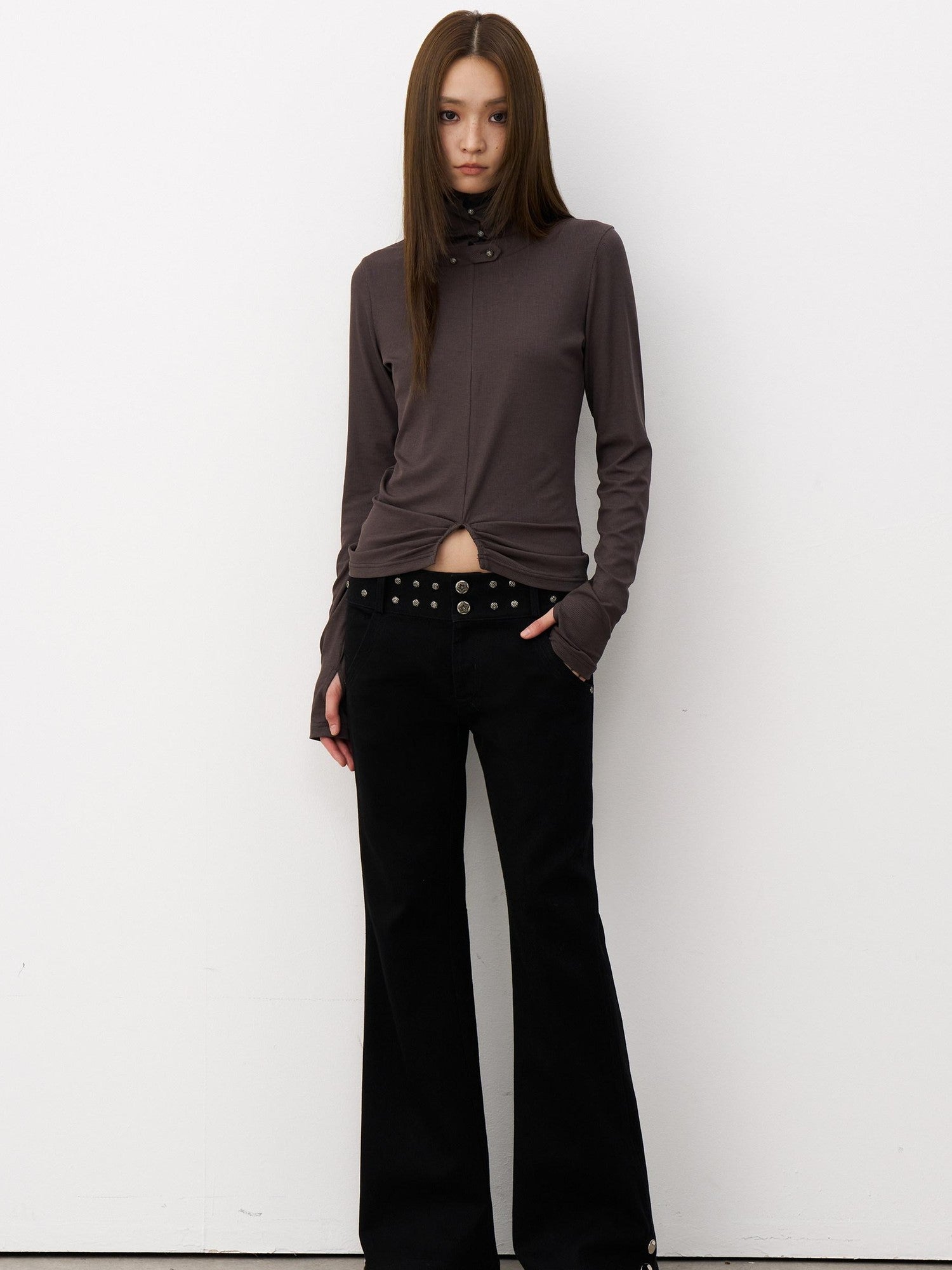 THELIGHT OFFICIAL Black Studded Low Waist Micro Flare Women's Cotton Flare Pants