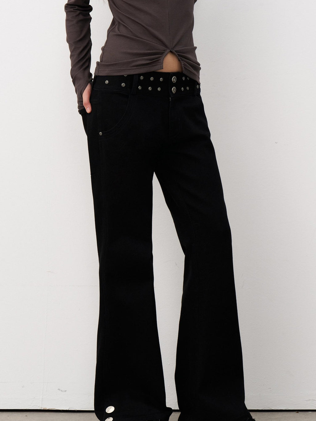 THELIGHT OFFICIAL Black Studded Low Waist Micro Flare Women's Cotton Flare Pants