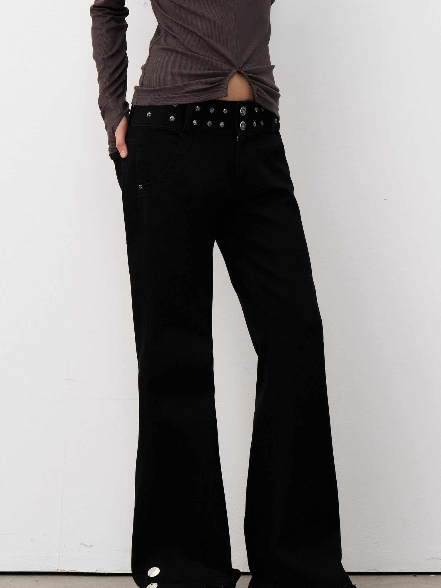 THELIGHT OFFICIAL Black Studded Low Waist Micro Flare Women's Cotton Flare Pants