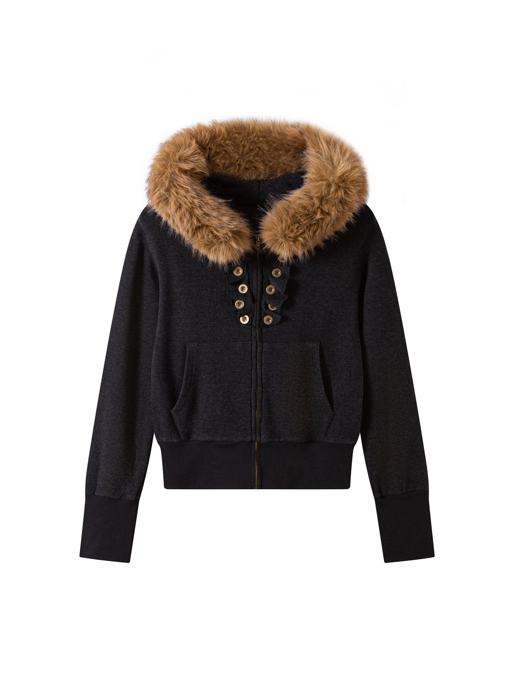 THELIGHT OFFICIAL Button Lace Detachable Fur Collar Zipper Patch Pocket Women's Cotton Hoodies 1000684940910