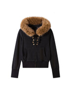 THELIGHT OFFICIAL Button Lace Detachable Fur Collar Zipper Patch Pocket Women's Cotton Hoodies 1000684940910