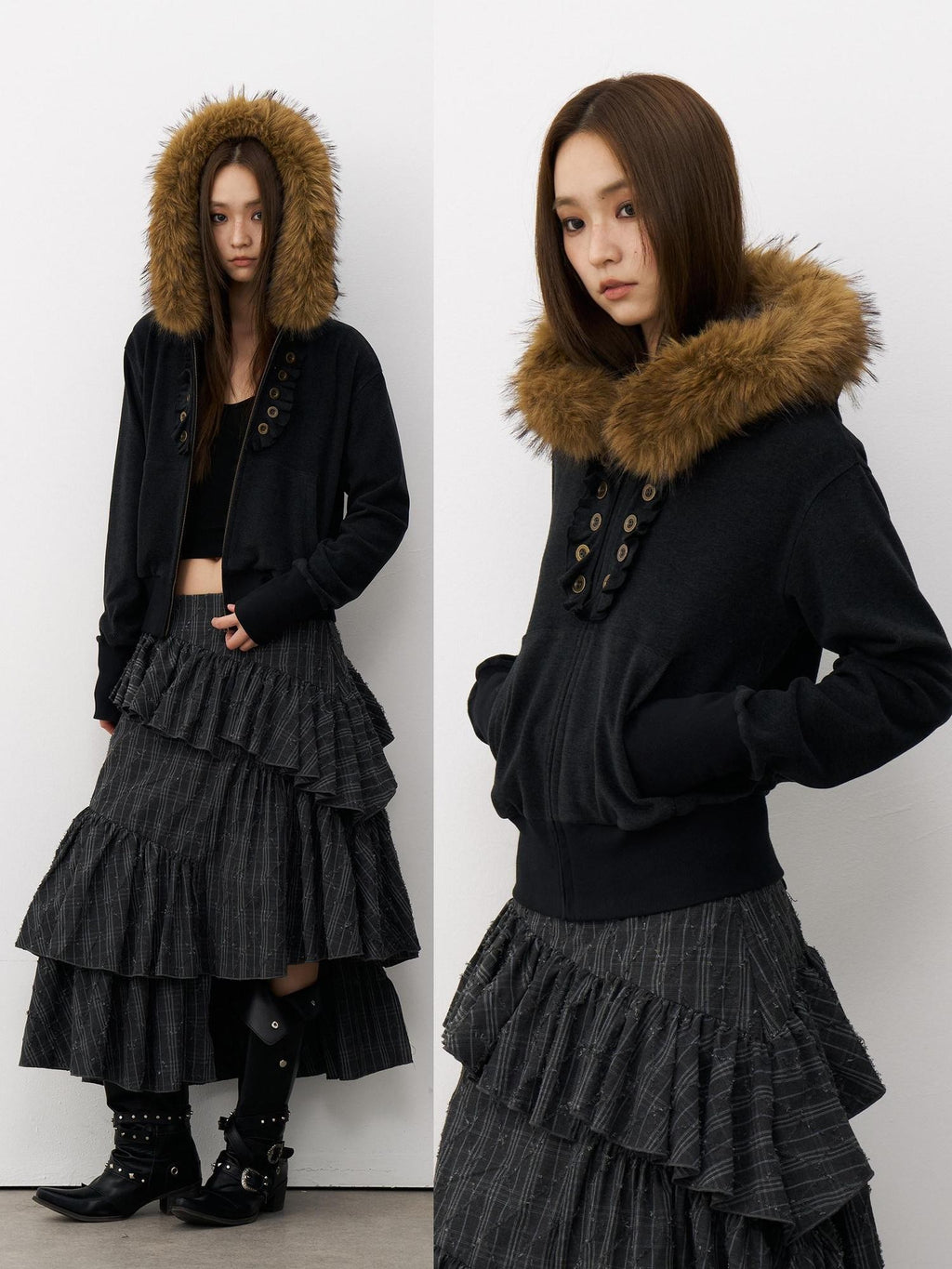 THELIGHT OFFICIAL Button Lace Detachable Fur Collar Zipper Patch Pocket Women's Cotton Hoodies
