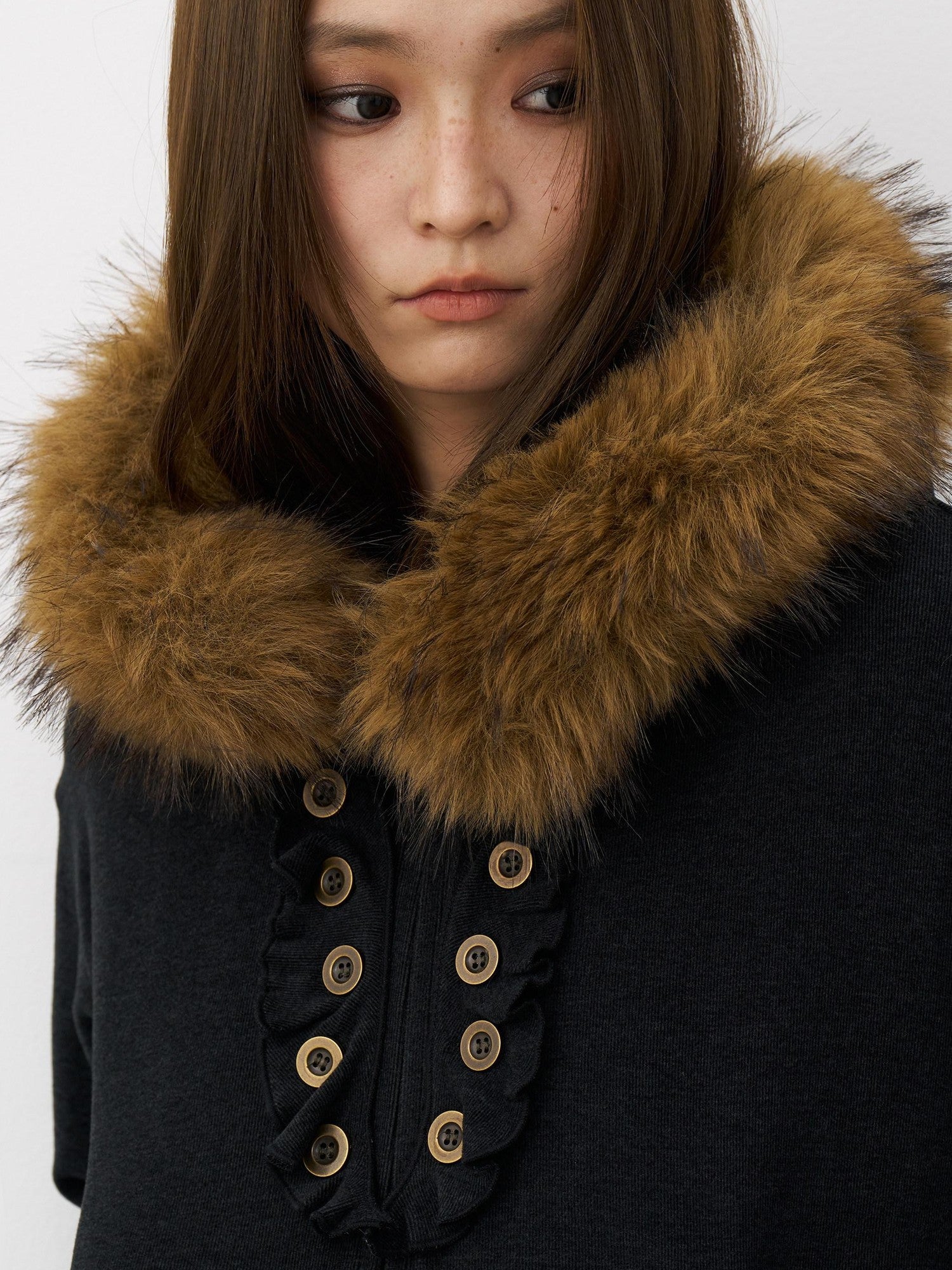 THELIGHT OFFICIAL Button Lace Detachable Fur Collar Zipper Patch Pocket Women's Cotton Hoodies