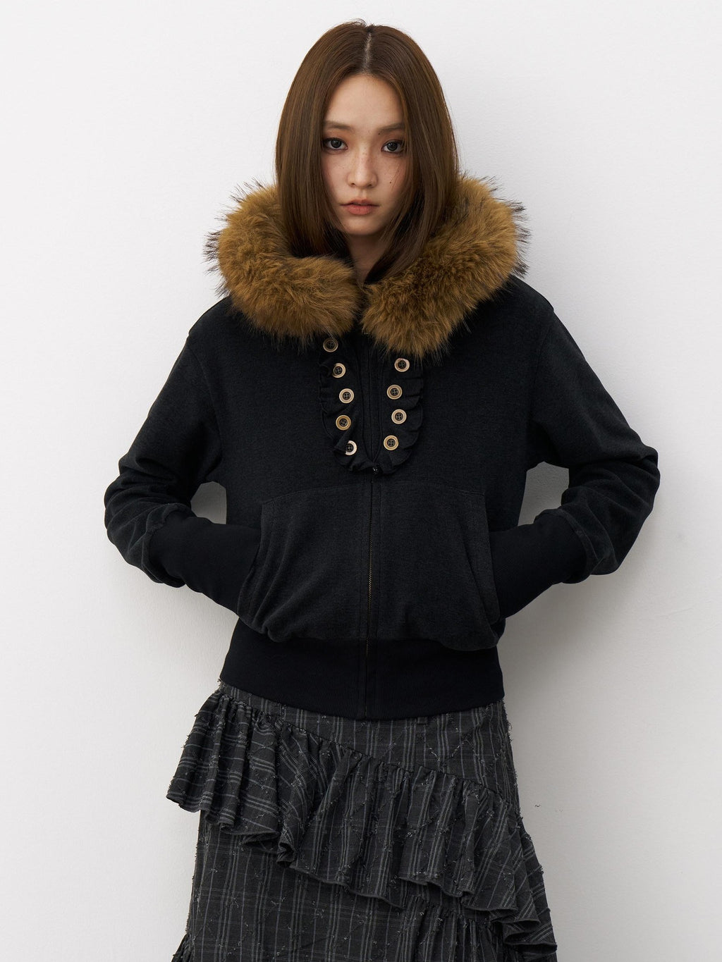 THELIGHT OFFICIAL Button Lace Detachable Fur Collar Zipper Patch Pocket Women's Cotton Hoodies