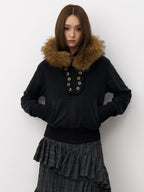 THELIGHT OFFICIAL Button Lace Detachable Fur Collar Zipper Patch Pocket Women's Cotton Hoodies