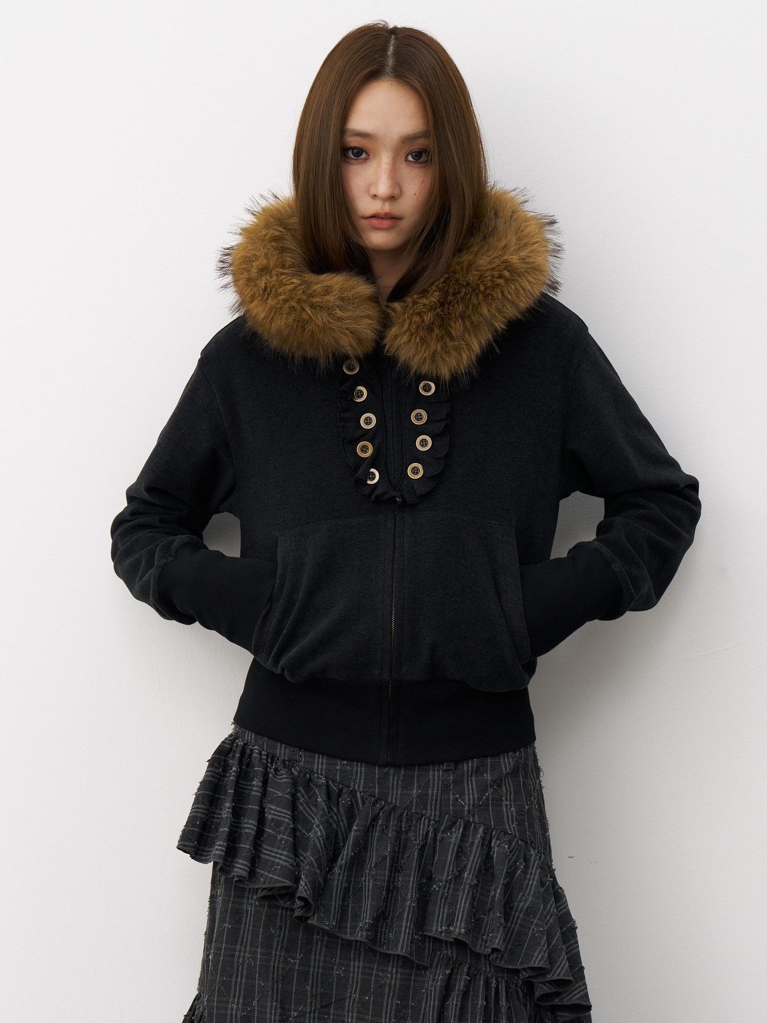 THELIGHT OFFICIAL Button Lace Detachable Fur Collar Zipper Patch Pocket Women's Cotton Hoodies