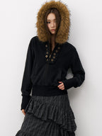 THELIGHT OFFICIAL Button Lace Detachable Fur Collar Zipper Patch Pocket Women's Cotton Hoodies