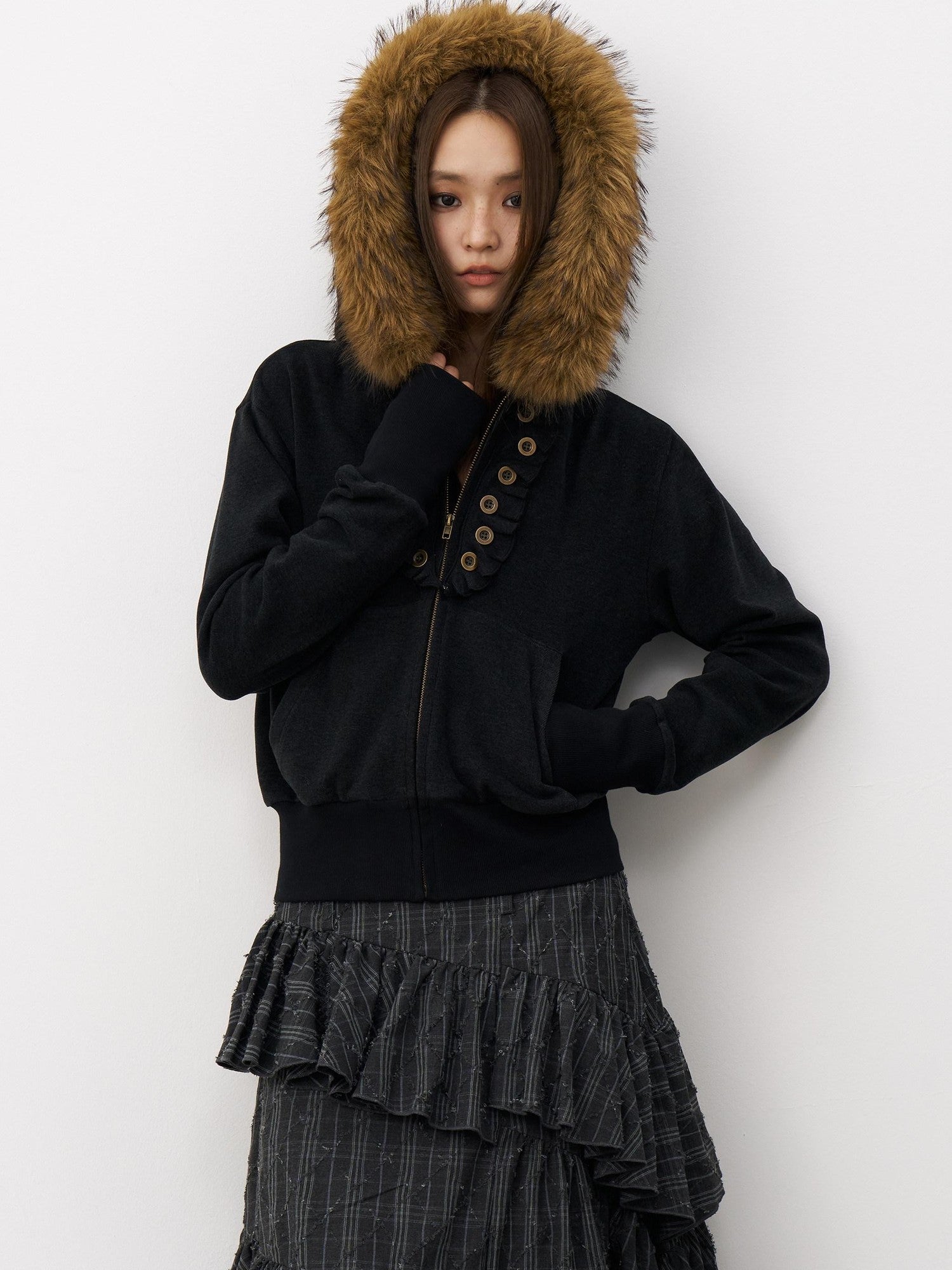THELIGHT OFFICIAL Button Lace Detachable Fur Collar Zipper Patch Pocket Women's Cotton Hoodies