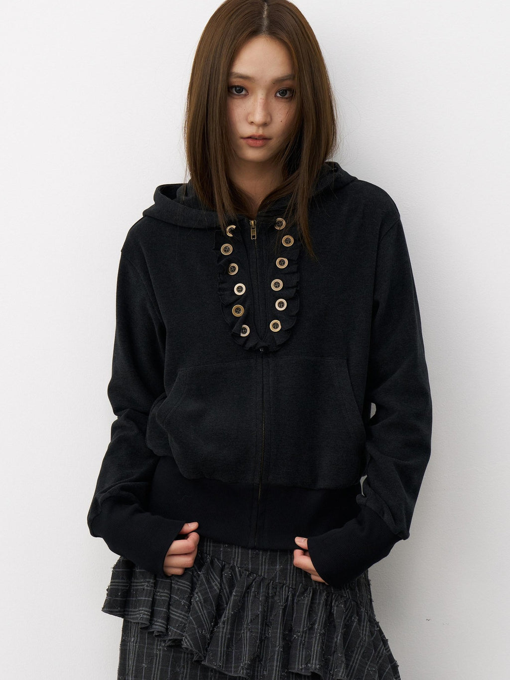 THELIGHT OFFICIAL Button Lace Detachable Fur Collar Zipper Patch Pocket Women's Cotton Hoodies