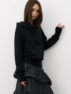THELIGHT OFFICIAL Button Lace Detachable Fur Collar Zipper Patch Pocket Women's Cotton Hoodies