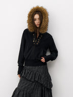 THELIGHT OFFICIAL Button Lace Detachable Fur Collar Zipper Patch Pocket Women's Cotton Hoodies