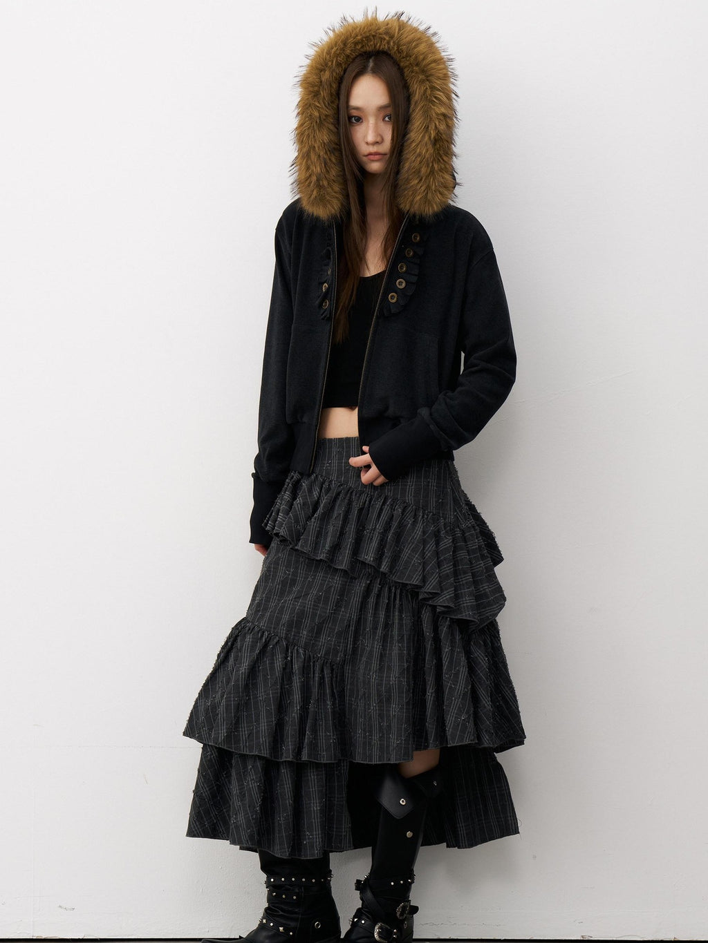THELIGHT OFFICIAL Button Lace Detachable Fur Collar Zipper Patch Pocket Women's Cotton Hoodies