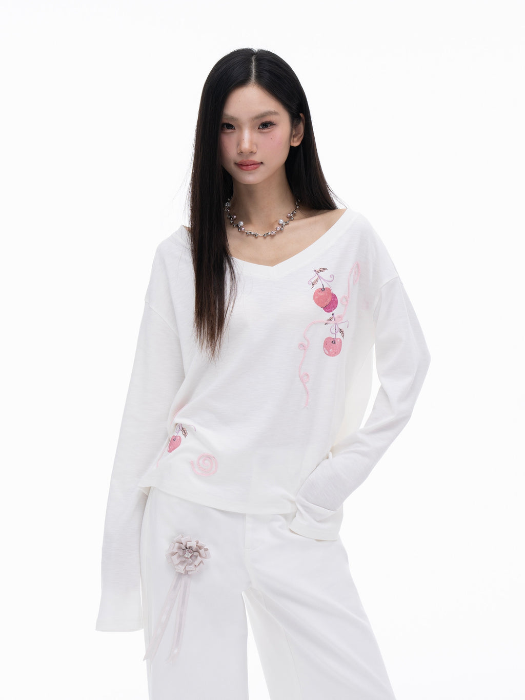 THELIGHT OFFICIAL Cherry Swirl Embroidered V-neck Print Women's Cotton Blend Long Sleeve T-shirts 967525882679