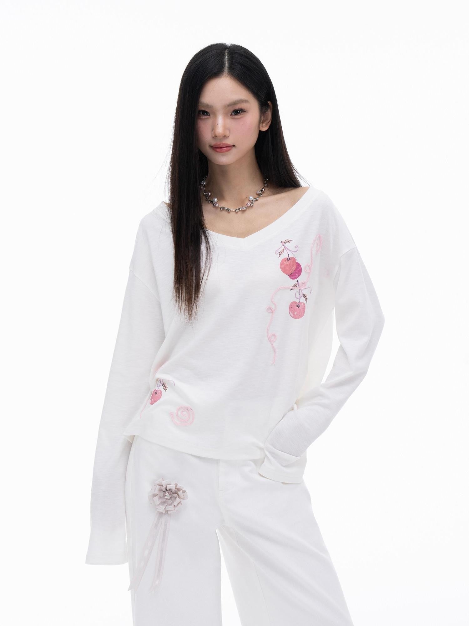 THELIGHT OFFICIAL Cherry Swirl Embroidered V-neck Print Women's Cotton Blend Long Sleeve T-shirts