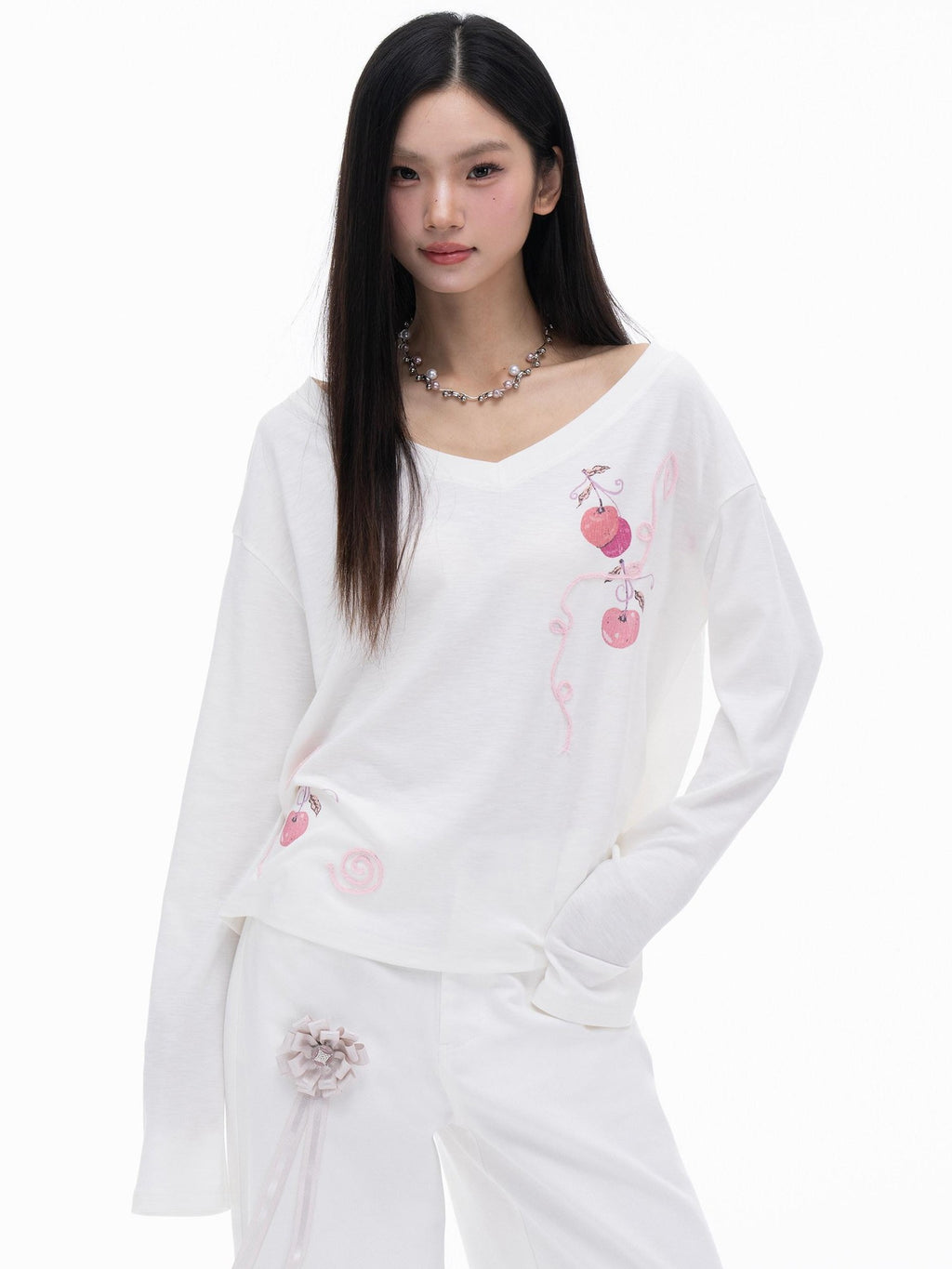 THELIGHT OFFICIAL Cherry Swirl Embroidered V-neck Print Women's Cotton Blend Long Sleeve T-shirts