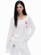 THELIGHT OFFICIAL Cherry Swirl Embroidered V-neck Print Women's Cotton Blend Long Sleeve T-shirts