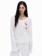 THELIGHT OFFICIAL Cherry Swirl Embroidered V-neck Print Women's Cotton Blend Long Sleeve T-shirts