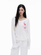 THELIGHT OFFICIAL Cherry Swirl Embroidered V-neck Print Women's Cotton Blend Long Sleeve T-shirts