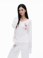 THELIGHT OFFICIAL Cherry Swirl Embroidered V-neck Print Women's Cotton Blend Long Sleeve T-shirts