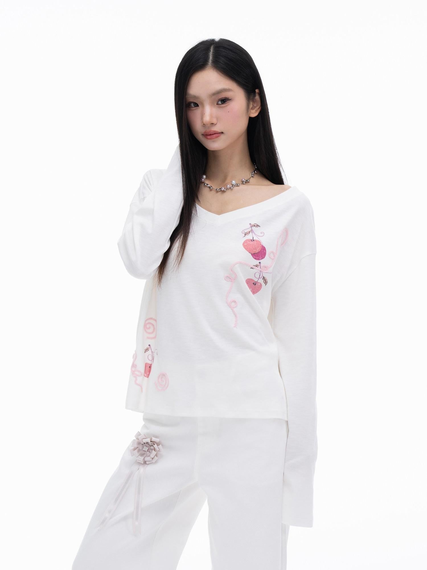 THELIGHT OFFICIAL Cherry Swirl Embroidered V-neck Print Women's Cotton Blend Long Sleeve T-shirts