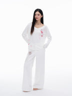 THELIGHT OFFICIAL Cherry Swirl Embroidered V-neck Print Women's Cotton Blend Long Sleeve T-shirts
