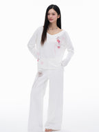 THELIGHT OFFICIAL Cherry Swirl Embroidered V-neck Print Women's Cotton Blend Long Sleeve T-shirts