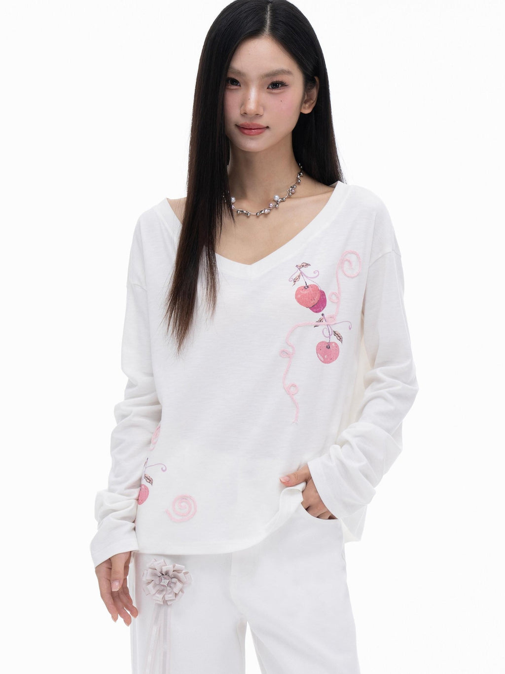 THELIGHT OFFICIAL Cherry Swirl Embroidered V-neck Print Women's Cotton Blend Long Sleeve T-shirts