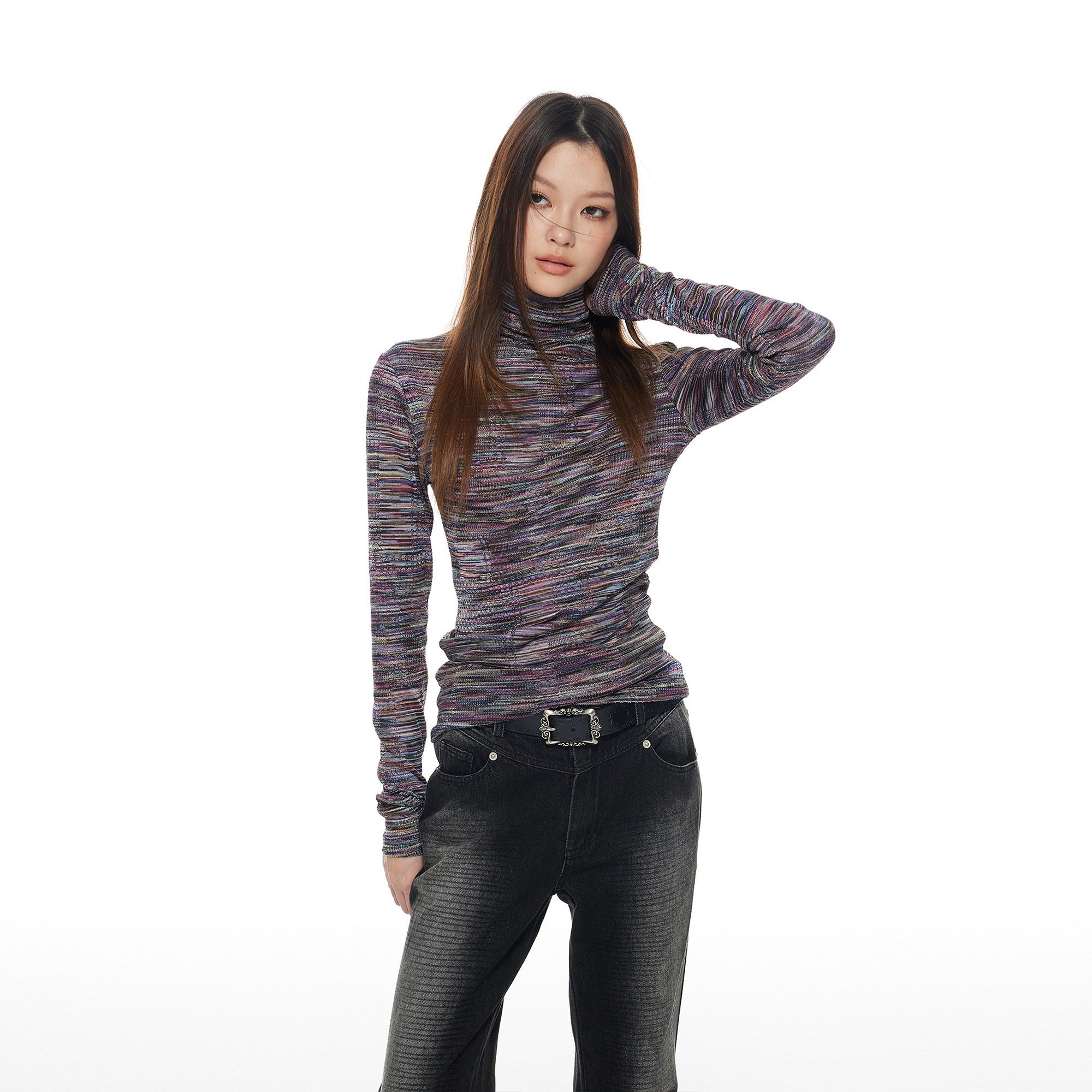 THELIGHT OFFICIAL Colorful Stripe High Neck Slim Fit Women's Polyester Long Sleeve T-shirts 829401764657