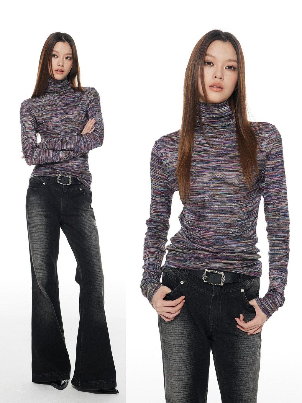 THELIGHT OFFICIAL Colorful Stripe High Neck Slim Fit Women's Polyester Long Sleeve T-shirts