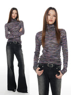 THELIGHT OFFICIAL Colorful Stripe High Neck Slim Fit Women's Polyester Long Sleeve T-shirts