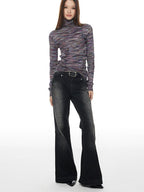 THELIGHT OFFICIAL Colorful Stripe High Neck Slim Fit Women's Polyester Long Sleeve T-shirts