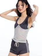 THELIGHT OFFICIAL Contrast Colorblock Mesh Patchwork Halterneck Women's Mesh Tank Tops