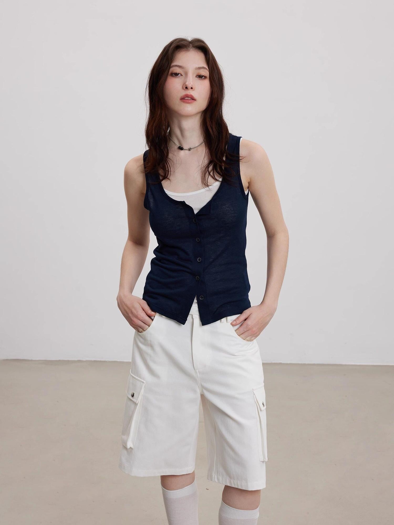 THELIGHT OFFICIAL Cooling Button Front Spaghetti Strap Slim Fit Women's Lyocell Tank Tops