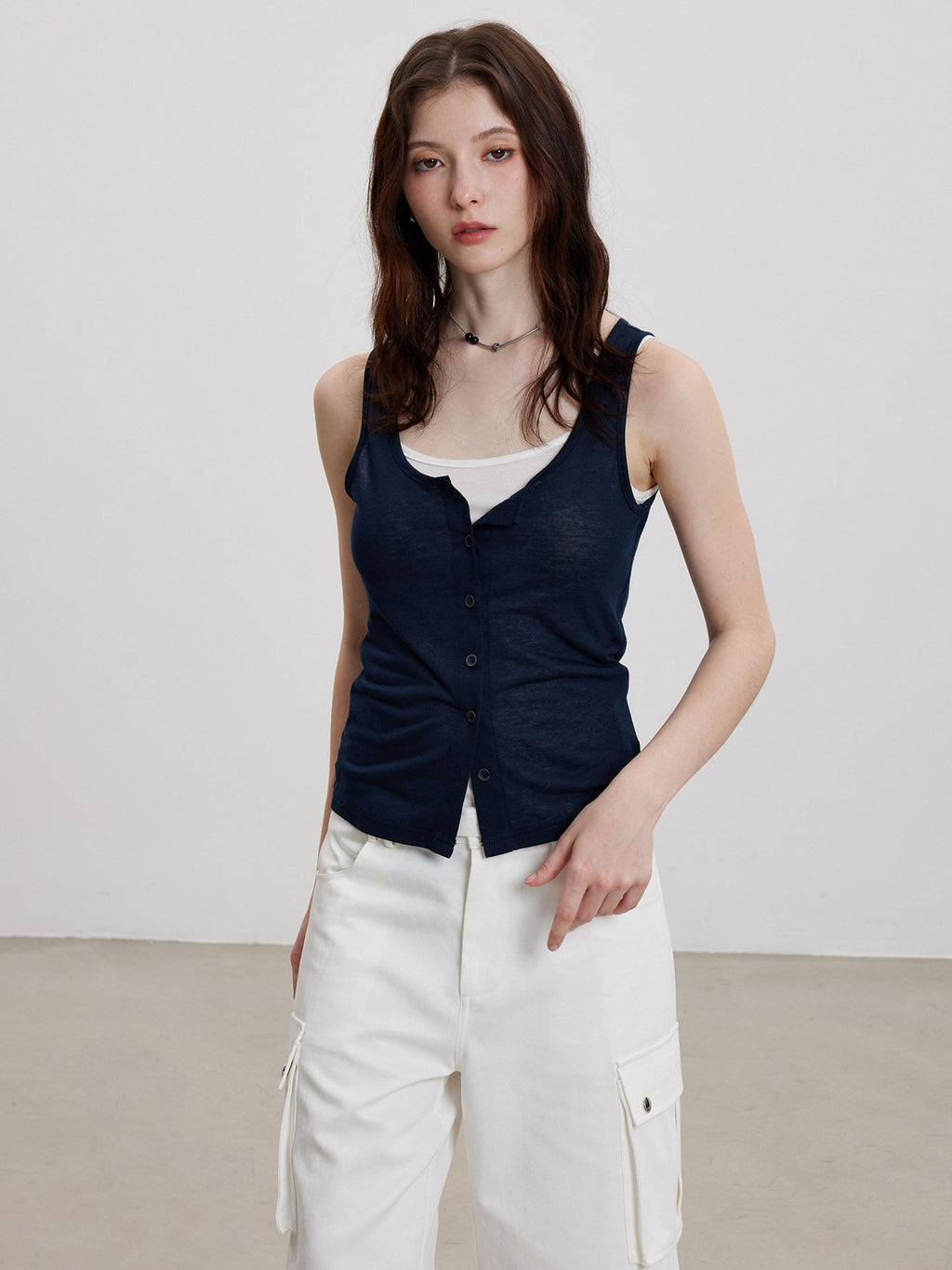 THELIGHT OFFICIAL Cooling Button Front Spaghetti Strap Slim Fit Women's Lyocell Tank Tops