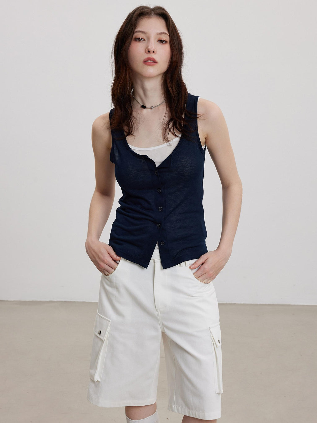 THELIGHT OFFICIAL Cooling Button Front Spaghetti Strap Slim Fit Women's Lyocell Tank Tops
