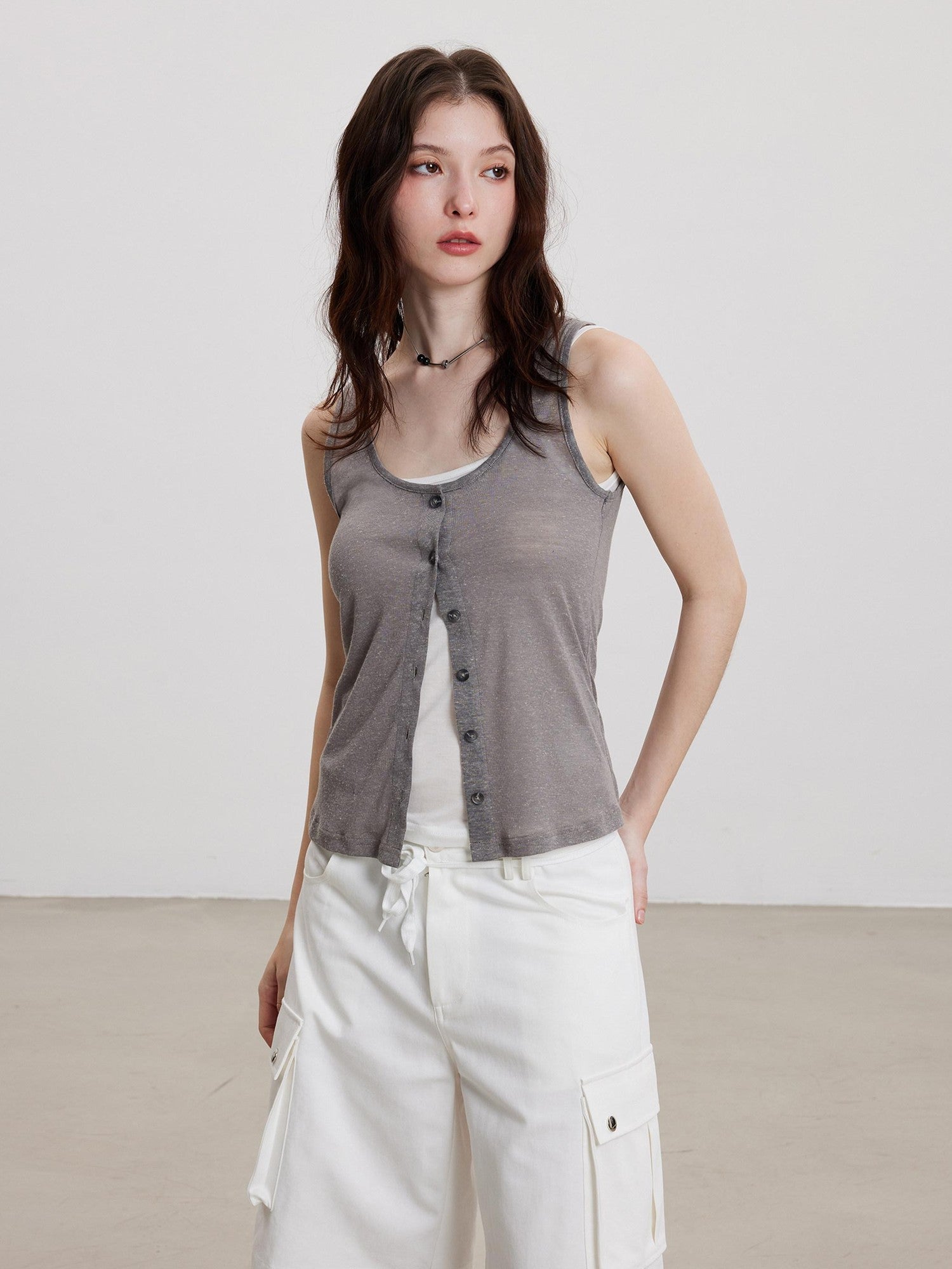 THELIGHT OFFICIAL Cooling Button Front Spaghetti Strap Slim Fit Women's Lyocell Tank Tops