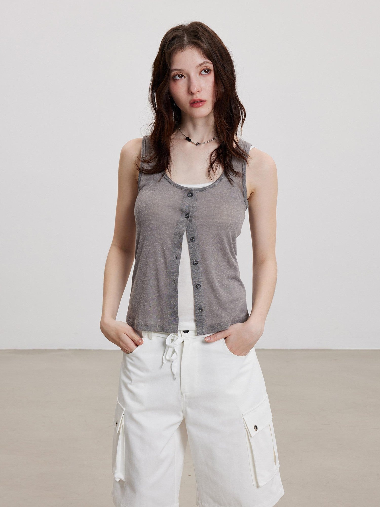 THELIGHT OFFICIAL Cooling Button Front Spaghetti Strap Slim Fit Women's Lyocell Tank Tops