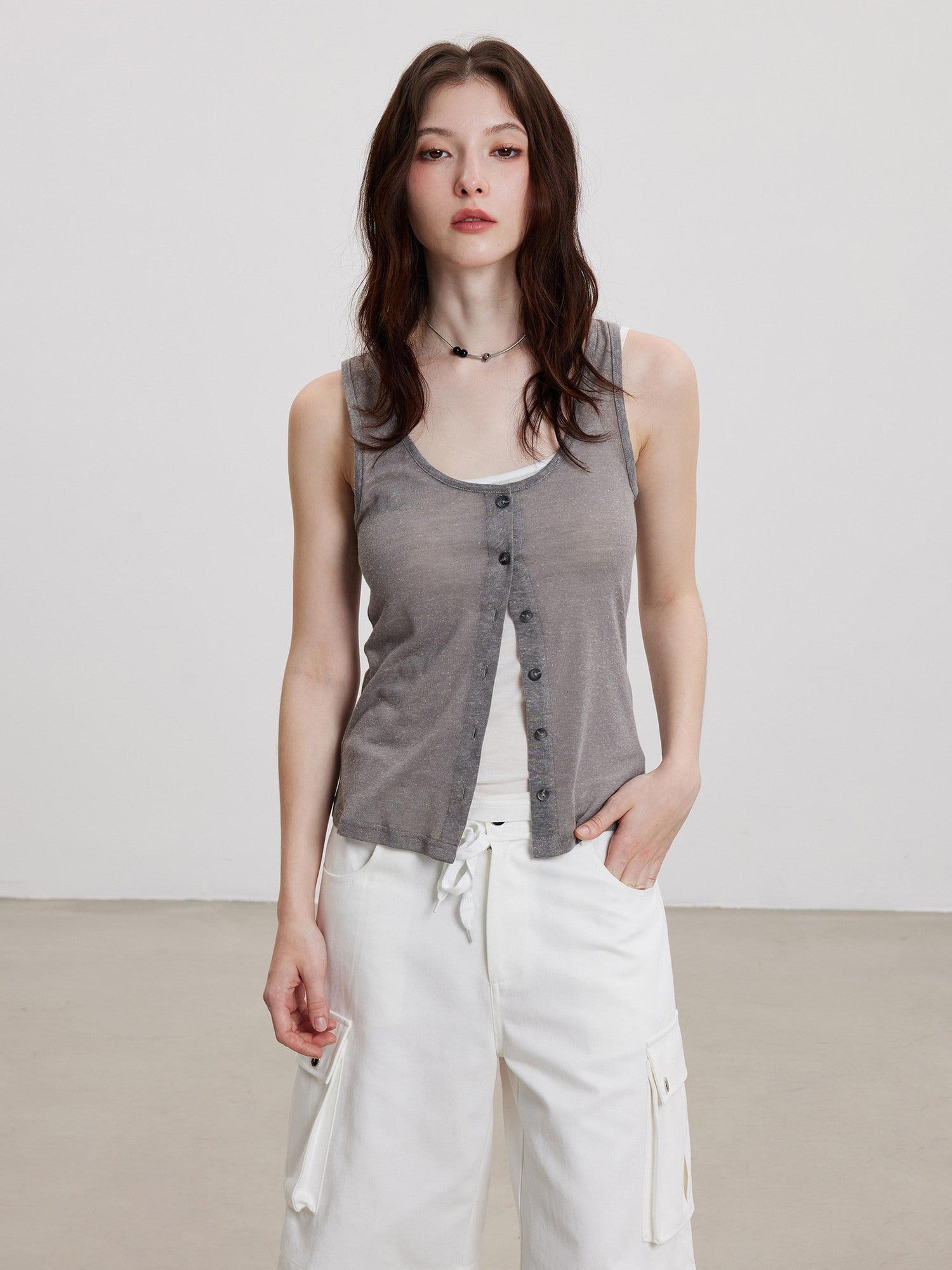 THELIGHT OFFICIAL Cooling Button Front Spaghetti Strap Slim Fit Women's Lyocell Tank Tops