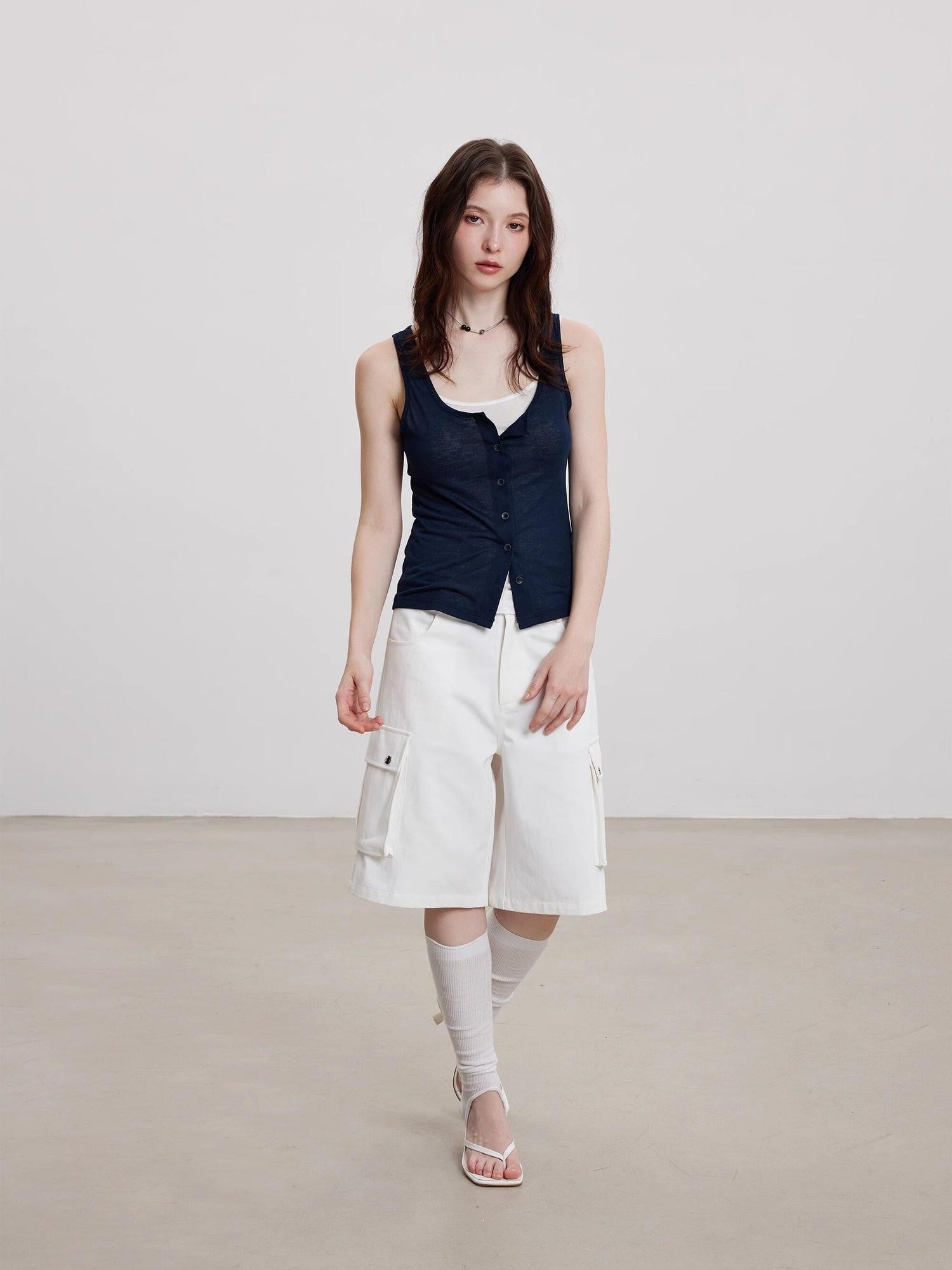 THELIGHT OFFICIAL Cooling Button Front Spaghetti Strap Slim Fit Women's Lyocell Tank Tops