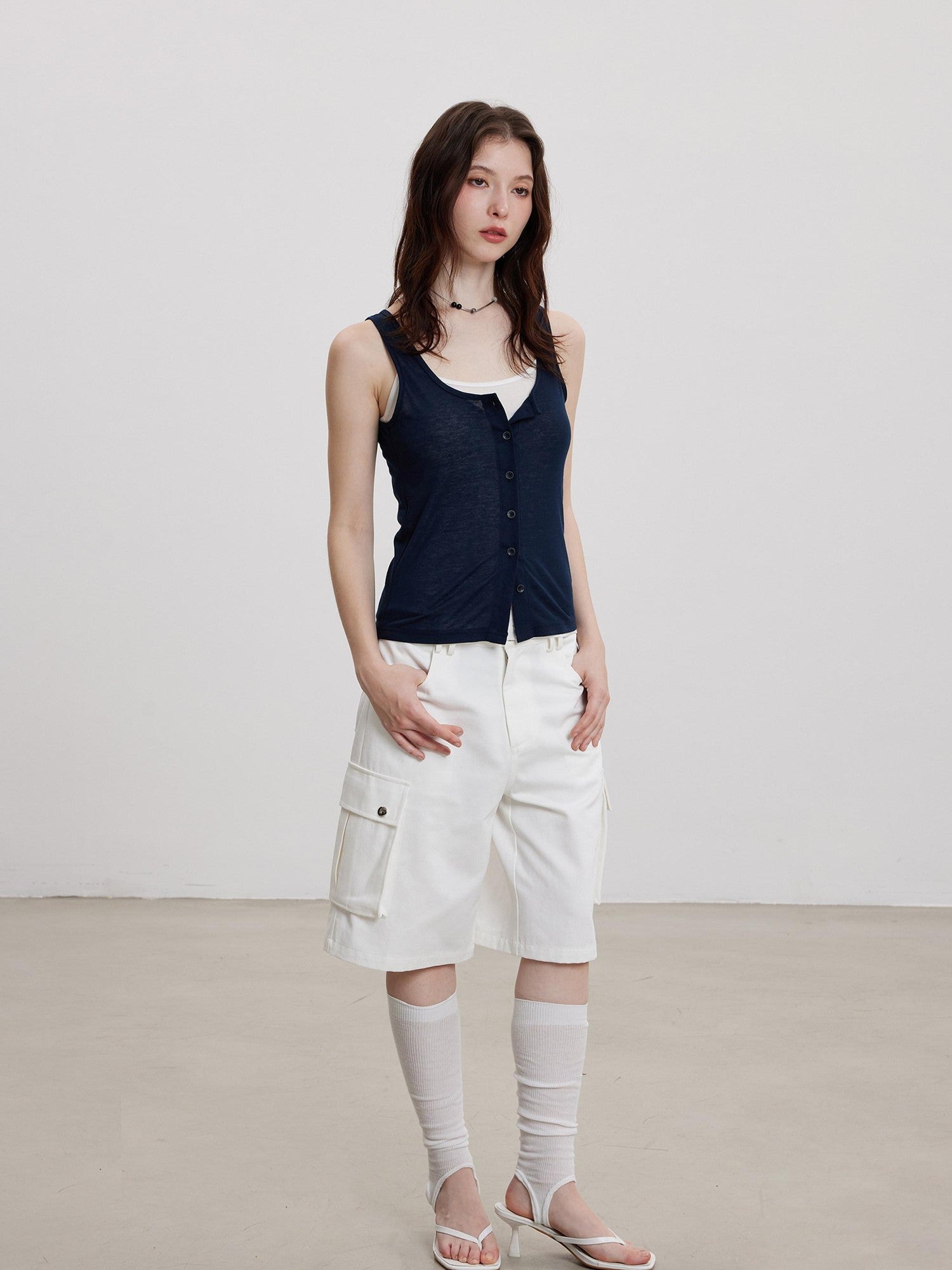 THELIGHT OFFICIAL Cooling Button Front Spaghetti Strap Slim Fit Women's Lyocell Tank Tops