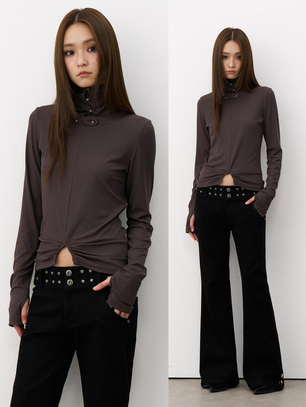 THELIGHT OFFICIAL Cropped High Neck Ruched Waist Slim Women's Viscose Blend Long Sleeve T-shirts