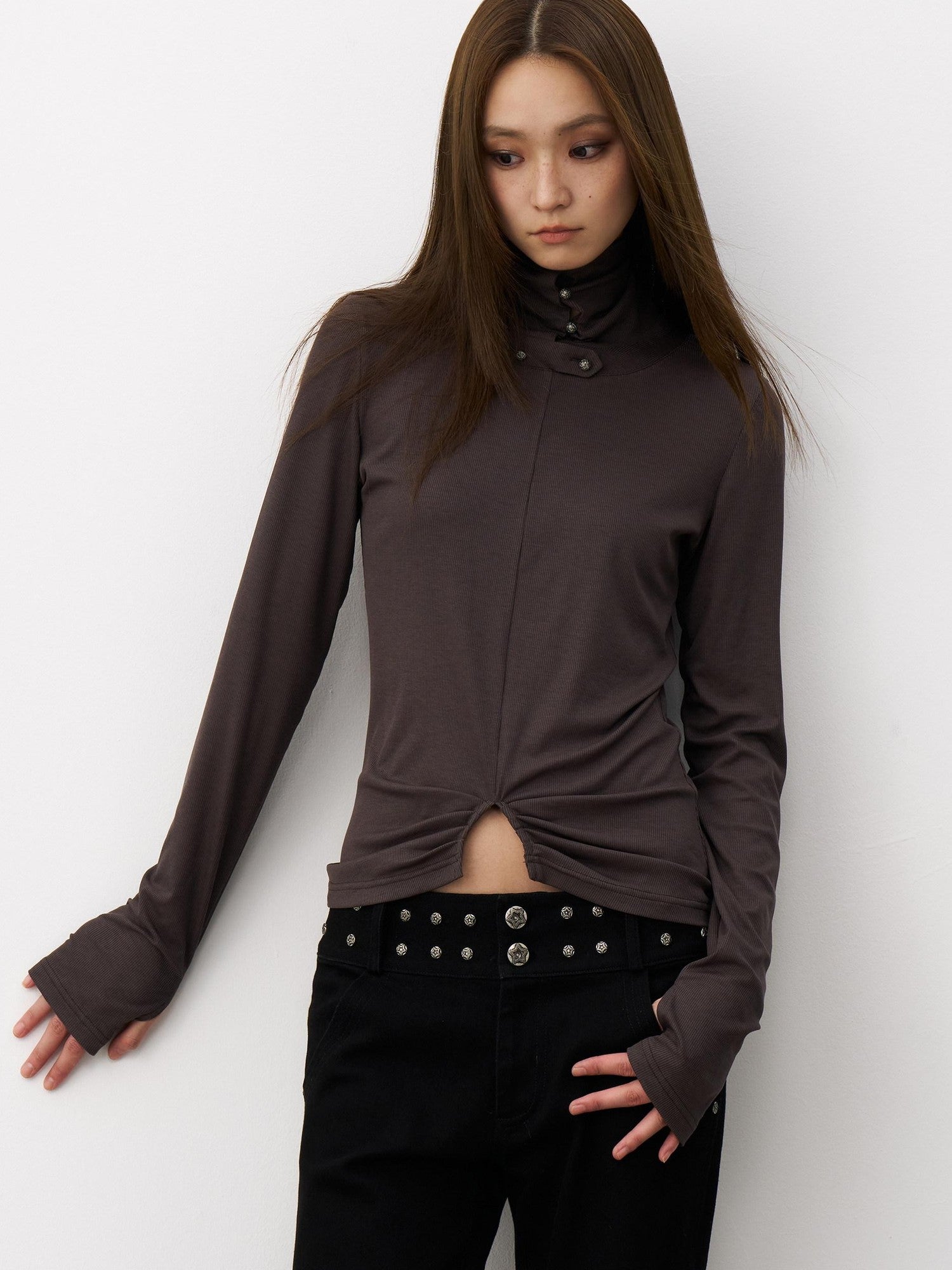 THELIGHT OFFICIAL Cropped High Neck Ruched Waist Slim Women's Viscose Blend Long Sleeve T-shirts