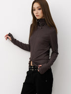 THELIGHT OFFICIAL Cropped High Neck Ruched Waist Slim Women's Viscose Blend Long Sleeve T-shirts