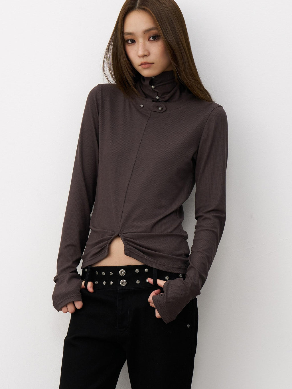 THELIGHT OFFICIAL Cropped High Neck Ruched Waist Slim Women's Viscose Blend Long Sleeve T-shirts