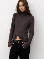 THELIGHT OFFICIAL Cropped High Neck Ruched Waist Slim Women's Viscose Blend Long Sleeve T-shirts