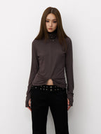 THELIGHT OFFICIAL Cropped High Neck Ruched Waist Slim Women's Viscose Blend Long Sleeve T-shirts