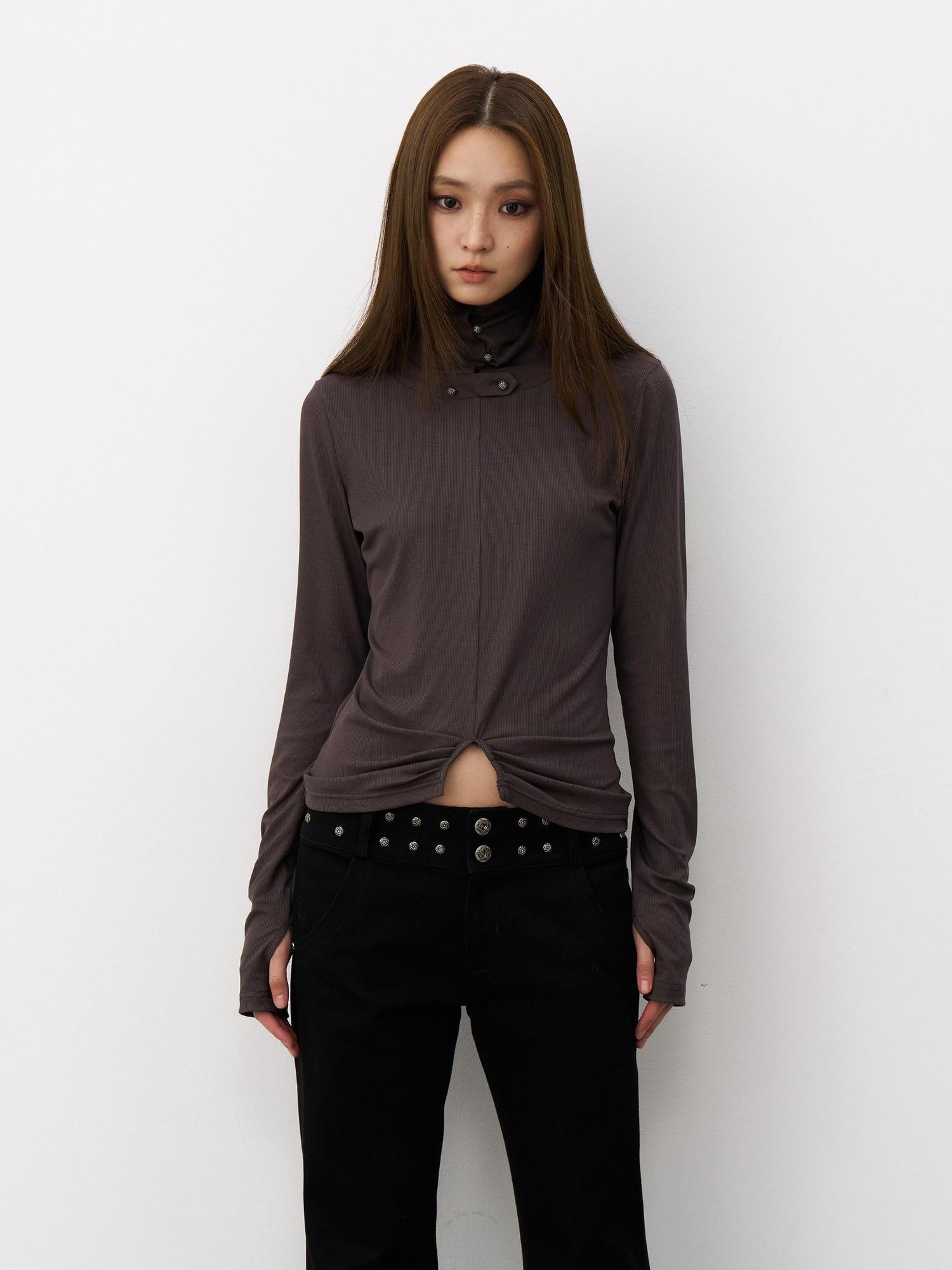 THELIGHT OFFICIAL Cropped High Neck Ruched Waist Slim Women's Viscose Blend Long Sleeve T-shirts