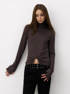 THELIGHT OFFICIAL Cropped High Neck Ruched Waist Slim Women's Viscose Blend Long Sleeve T-shirts