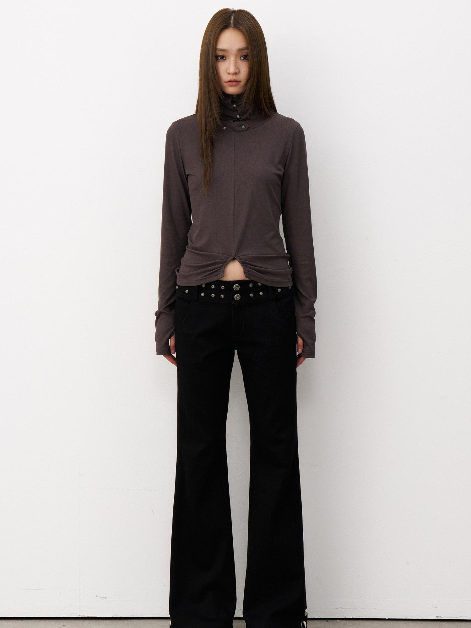 THELIGHT OFFICIAL Cropped High Neck Ruched Waist Slim Women's Viscose Blend Long Sleeve T-shirts